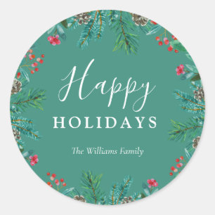 Sticker Rond Elégant Green Happy Holidays Wreath Nom de famille