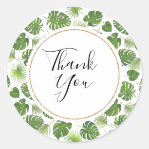 Sticker Rond Élégant Green Tropical Feuille Motif Merci