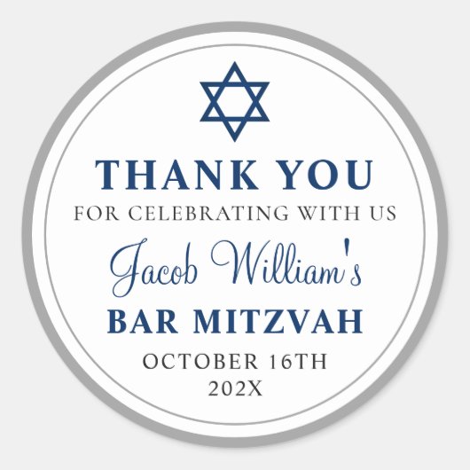 Sticker Rond Elegant gris et Navy Blue Bar Mitzvah Merci (Devant)
