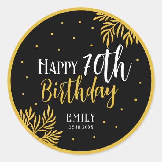 Sticker Rond Elegant Happy 70th Birthday Gold Foliage Party (Devant)