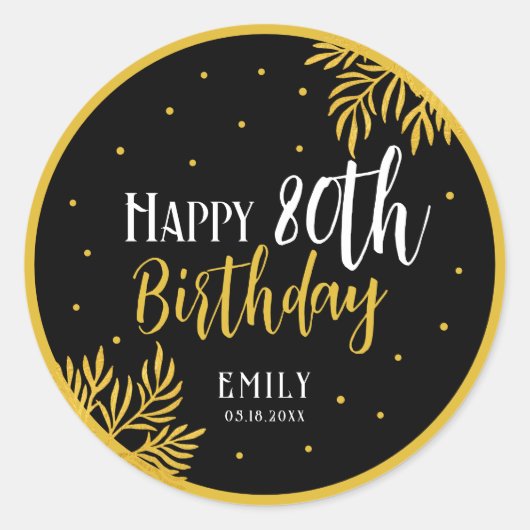 Sticker Rond Elegant Happy 80th Birthday Gold Foliage Party (Devant)