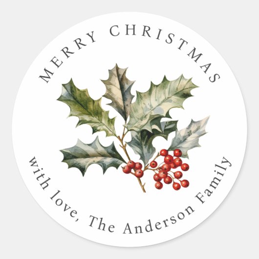 Sticker Rond Elegant Holly Red Berries Watercolor Christmas (Devant)