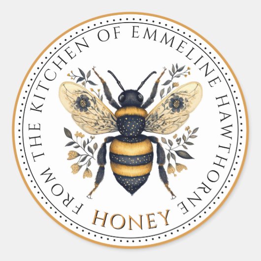Sticker Rond Elegant Honey Bee Floral Honey Label (Devant)