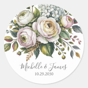 Sticker Rond Élégant Hydrangea Rose Floral Mariage             