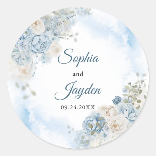 Sticker Rond Elégant Ice Bleu Rose Fleurs Mariage (Devant)
