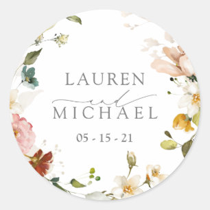 Sticker Rond Elégant Jardin Fleurs Aquarelle Floral Mariage