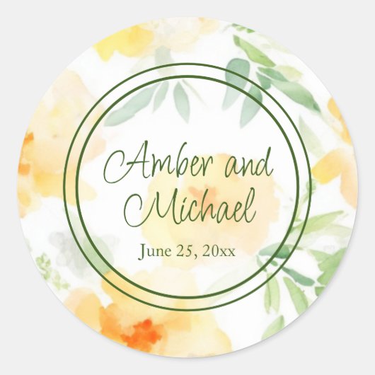Sticker Rond Elégant jaune pêche orange aquarelle fleurie (Devant)