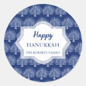 Sticker Rond Elégant Joyeux Hanoukka Menorah Motif bleu (Devant)