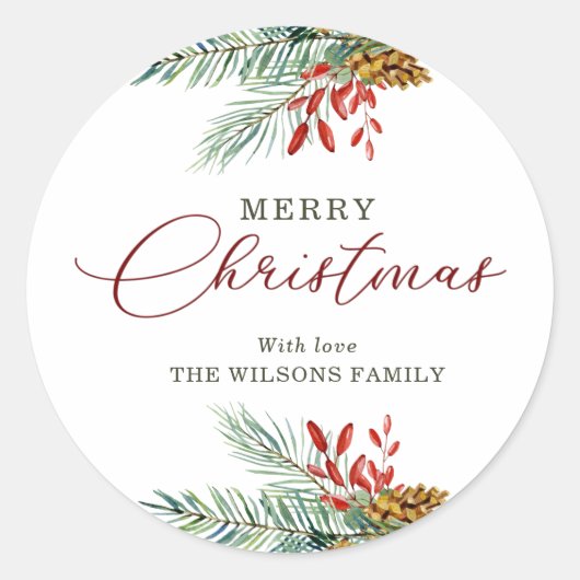 Sticker Rond Elégant Joyeux Noël Holly Berries Pinecones (Devant)