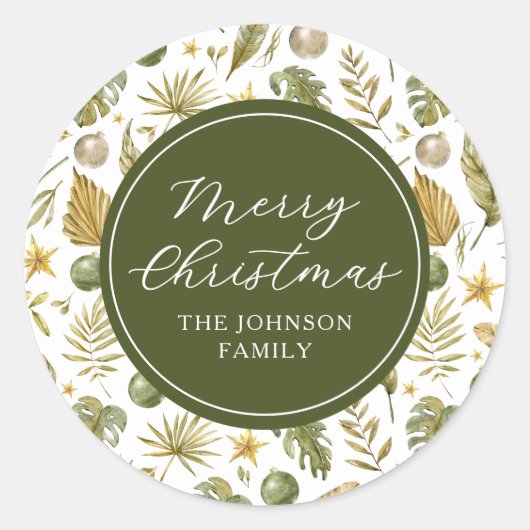 Sticker Rond Élégant Joyeux Noël Tropical (Devant)