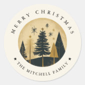 Sticker Rond Élégant Joyeux Noël Warm Gold Pine Forest (Devant)