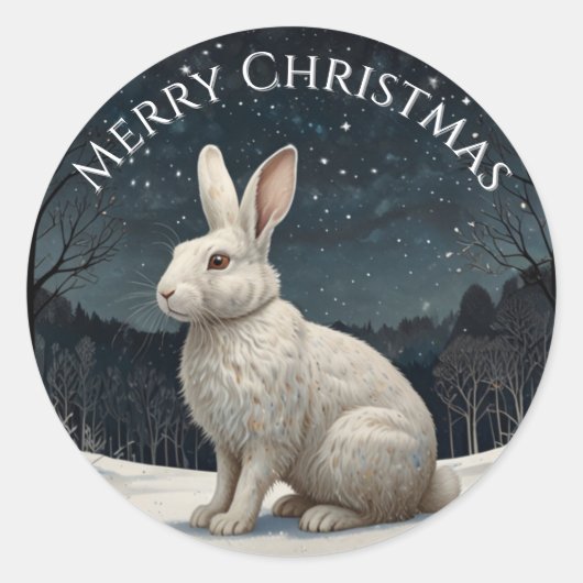 Sticker Rond Elégant lapin blanc Noël forêt enneigée (Devant)