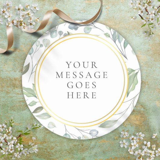 Sticker Rond Elegant Laurel Garland Faux Gold Foil Message