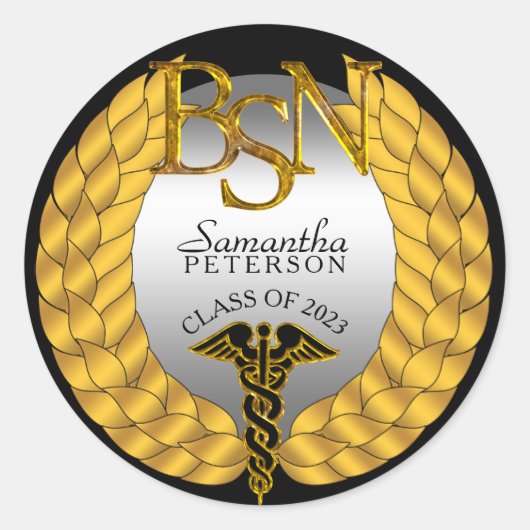 Sticker Rond Élégant Laurel Wreath BSN Nursing Degree Caduceus (Devant)