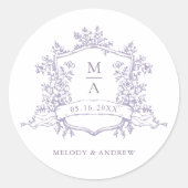 Sticker Rond Elegant Lavender Floral Crest Monograms Wedding (Devant)