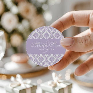 Sticker Rond Elégant Lavender White Mariage damassé Favoriser