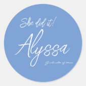 Sticker Rond Elegant Light Blue Graduation Party She Did It (Devant)