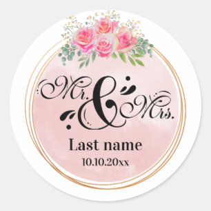 Sticker Rond Élégant M. et Mme Blush Mariage de fleurs roses