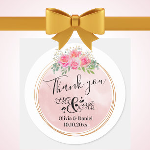 Sticker Rond Élégant M. et Mme Fleurs Roses Mariage