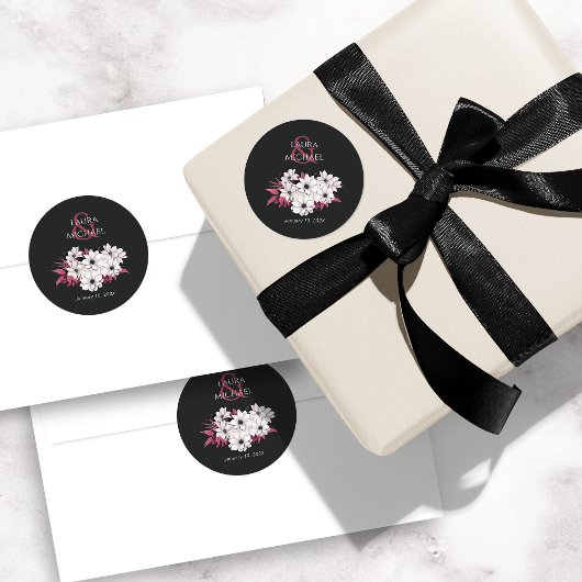 Sticker Rond Élégant Magenta noir floral