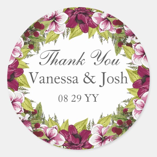 Sticker Rond Élégant Magenta White Florals Botaniques verts (Devant)