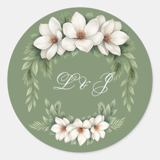 Sticker Rond Elégant Magnolia Blanc Mariage Hiver Pine Tree (Devant)