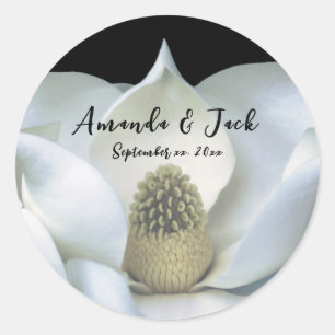 Sticker Rond Élégant Magnolia Mariage noir et blanc