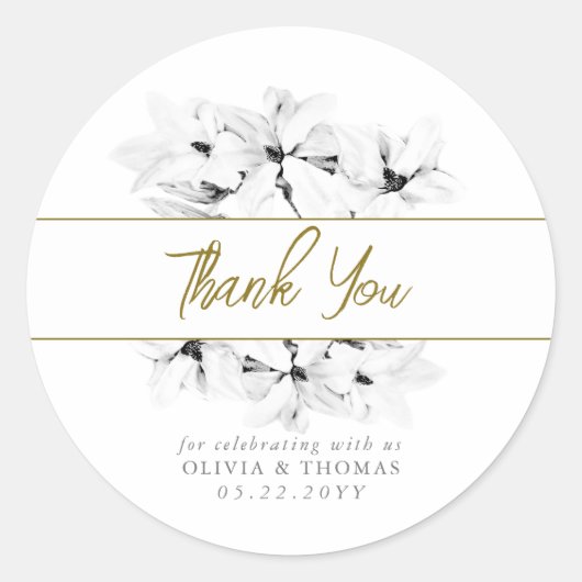 Sticker Rond Élégant Magnolias Mariage or Merci élégant (Devant)