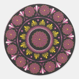 Sticker Rond Elégant Mandala d'or rose, Boho Zen Dot Art Flower