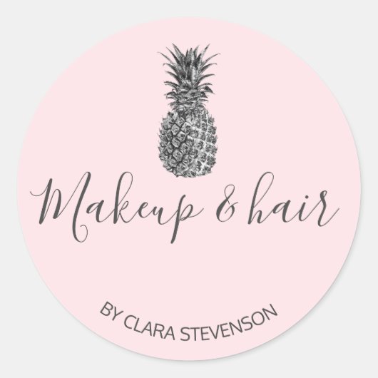 Sticker Rond Élégant maquillage moderne en ananas rose argent (Devant)