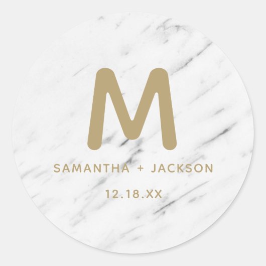 Sticker Rond Élégant Marbre blanc et Mariage de monogramme d'hu (Devant)