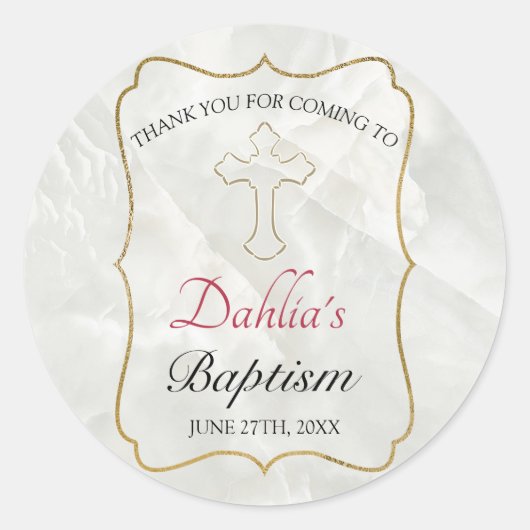 Sticker Rond Élégant Marbre Or Baptême Merci Baptême Bébé (Devant)