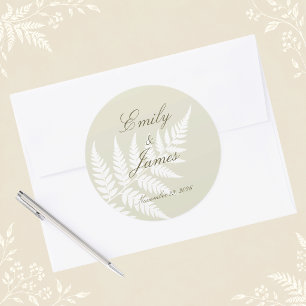 Sticker Rond Élégant mariage à la fougère blanche vert clair