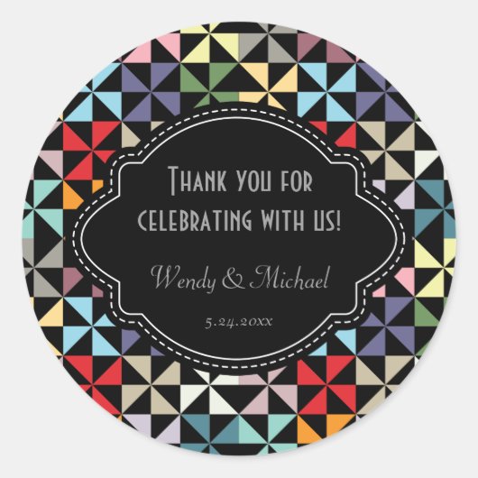 Sticker Rond Élégant mariage Anniversaire Noir Pinwheel Motif (Devant)
