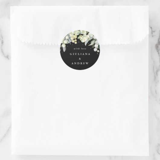 Sticker Rond Elégant Mariage Black Snowberry+Eucalyptus (Sac)