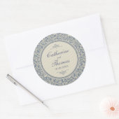 Sticker Rond Elégant Mariage bleu et beige Damask (Enveloppe)