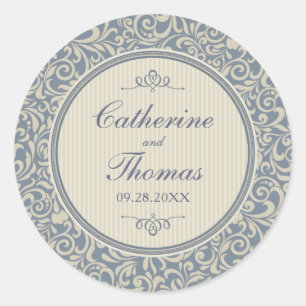Sticker Rond Elégant Mariage bleu et beige Damask