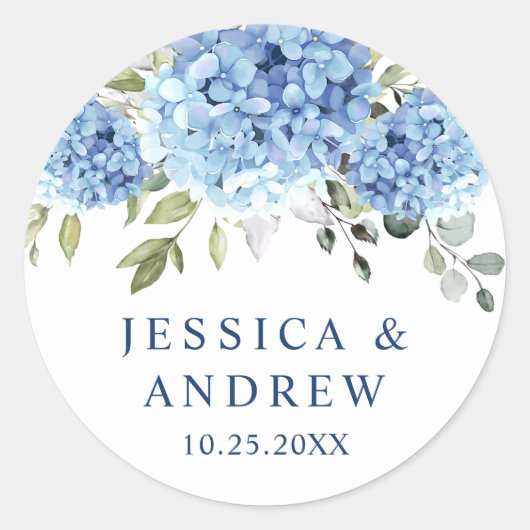Sticker Rond Élégant Mariage bleu Hydrangea Eucalyptus (Devant)