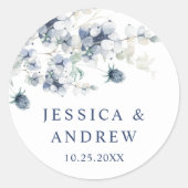 Sticker Rond Élégant Mariage Boho en feuillage d'hiver bleu Dus (Devant)