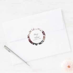 Sticker Rond Élégant Mariage Bourguignon & Rose Poussiéreuse Fl