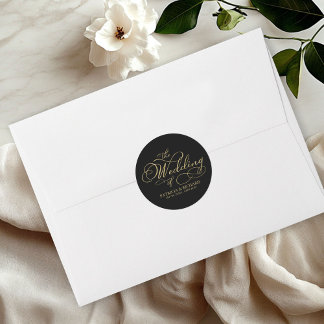 Sticker Rond Élégant Mariage Calligraphie Or Noir Faux Feuille