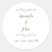 Sticker Rond Elégant Mariage Couples Noms Sage Vert Blanc (Devant)