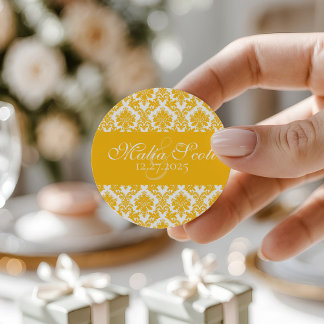 Sticker Rond Elégant Mariage damassé blanc jaune Favoriser