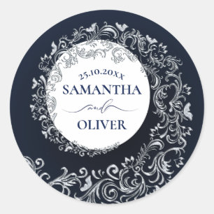 Sticker Rond Élégant Mariage damassé Bleue