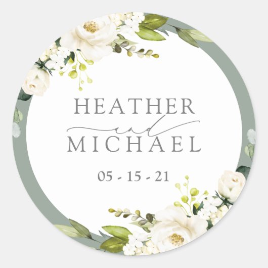 Sticker Rond Elégant Mariage d'aquarelle gris blanc vert (Devant)