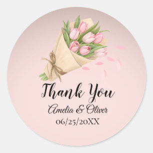 Sticker Rond Élégant Mariage de Bouquet de Tulipes roses mignon