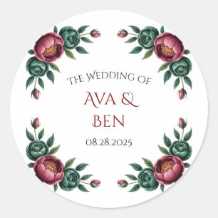 Sticker Rond Élégant Mariage de Bourgogne et d'Emerald Peony