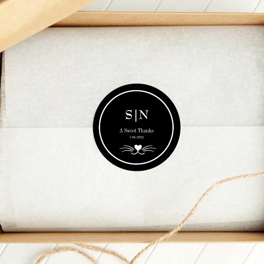 Sticker Rond Élégant Mariage de chat noir initial