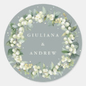 Sticker Rond Elégant Mariage de courge vert Snowberry+Eucalyptu (Devant)
