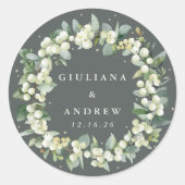 Sticker Rond Elégant Mariage de courge vert Snowberry+Eucalyptu (Devant)